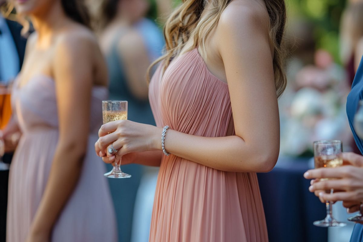 une demoiselle d'honneur portant une robe de demoiselle d'honneur en mousseline, portant ce bracelet, debout à une fête de mariage, portant le bracelet à son poignet