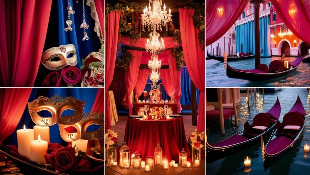deco mariage sur le theme venise masque gondole drapée rouge bleu velour voyage lune de miel