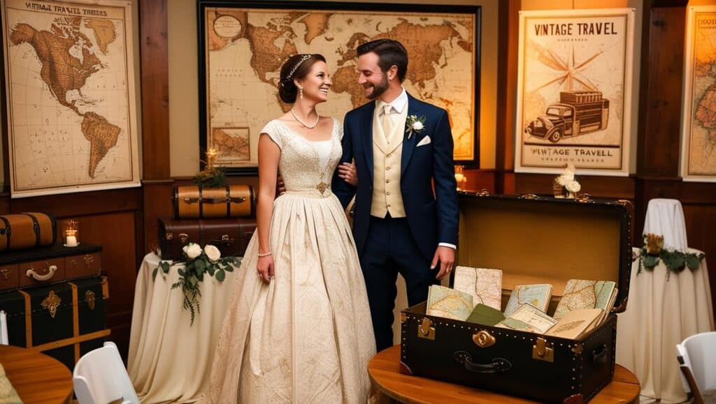 décoration sur le theme voyage pour un couple de mariés jour cérémonie déco malle ancienne cartographie mappemonde globe terrestre