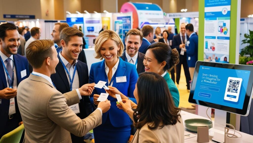 groupe de participants discutant dans un salon ou une conférence, avec des stands ou des affiches visibles en arrière-plan. Détails : Des participants échangeant des cartes de visite ou scannant un QR code