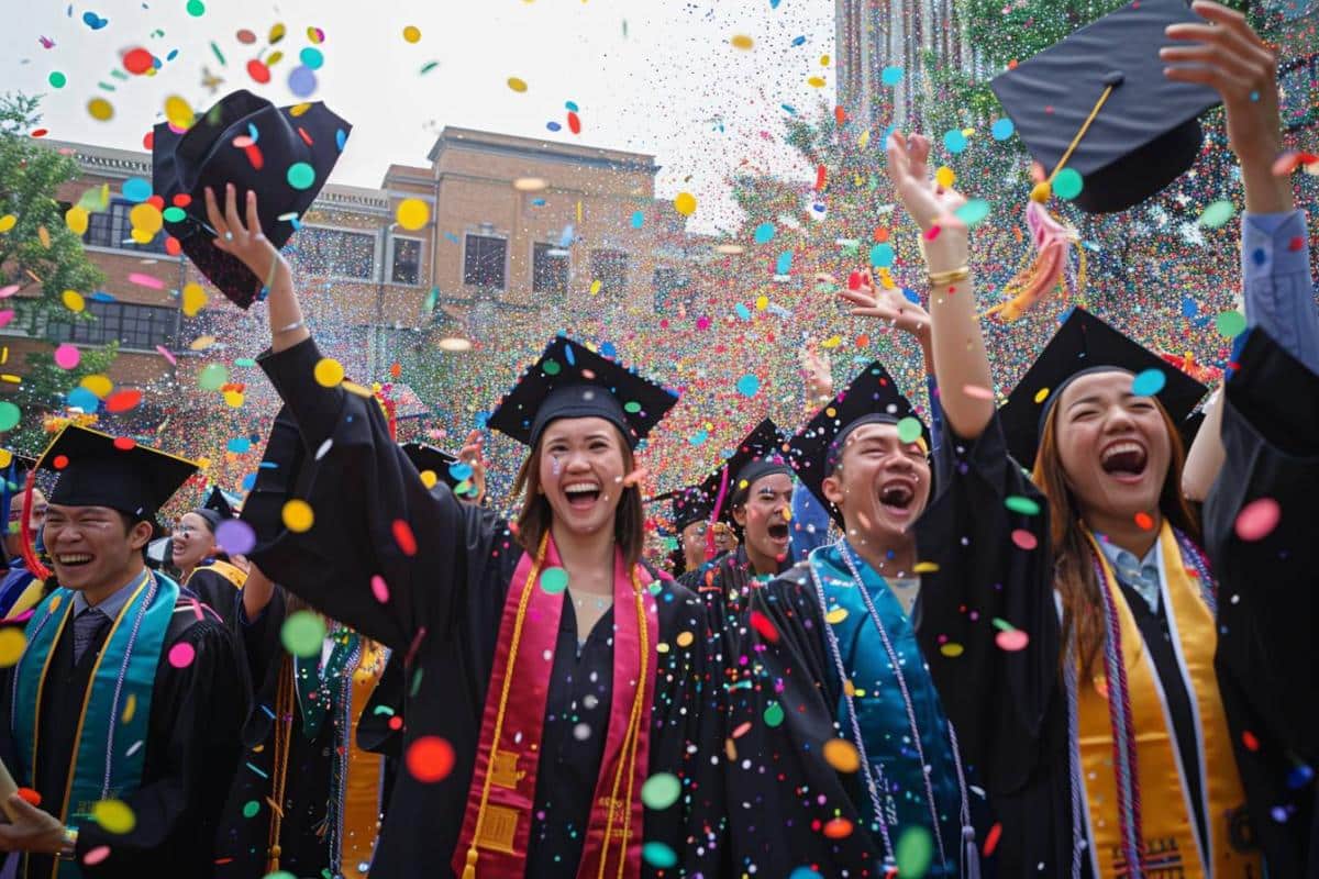 étudiants fetant remise de diplome tenue officielle chapeau célébration rue extérieur paris
