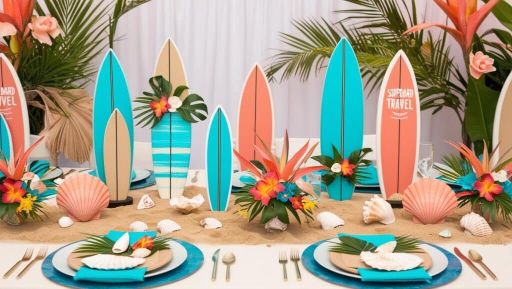 mariage deco sur le theme du voyage exotique planche sable surf planche table accessoires coquillage