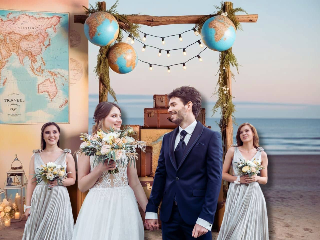 arche sur la plage globe terrestre valise ancienne malle theme mariage couple mariés jour cérémonie