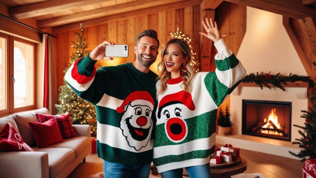 photo selfie noel couple avec pulls moches chalet haute montagne