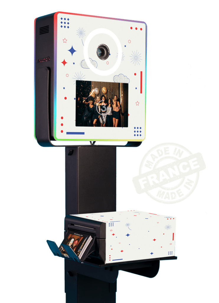 Borne photo vegas Made in France photobooth shootnbox face avant personnalisée couleur pays bleu blanc rouge