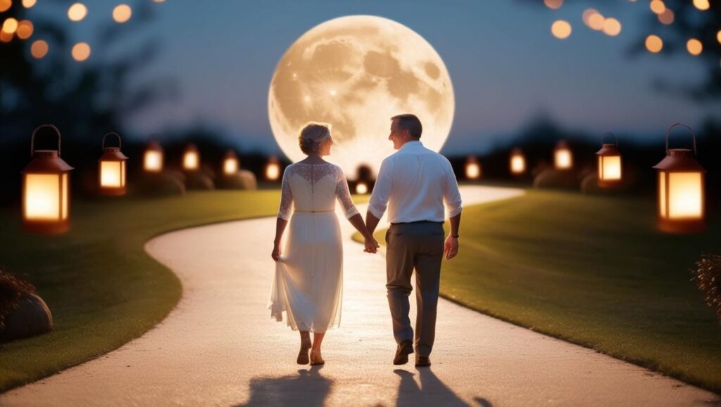 balade romantique d'un couple se tenant main dans la main sous la pleine lune chemin parc soir d'été nuit