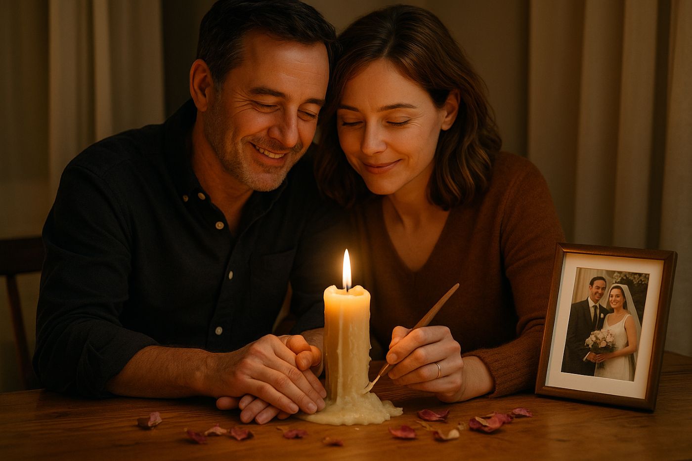 Couple célèbre ses 4 ans de mariage avec une bougie symbolique et mains entrelacées