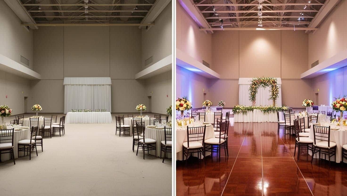 visuel split-screen (coupé en deux) montrant à gauche une facture salée pour l’achat de mobilier (prix élevés, meubles entassés en stockage) et à droite une réception de mariage glamour avec du mobilier loué, parfaitement assorti au thème