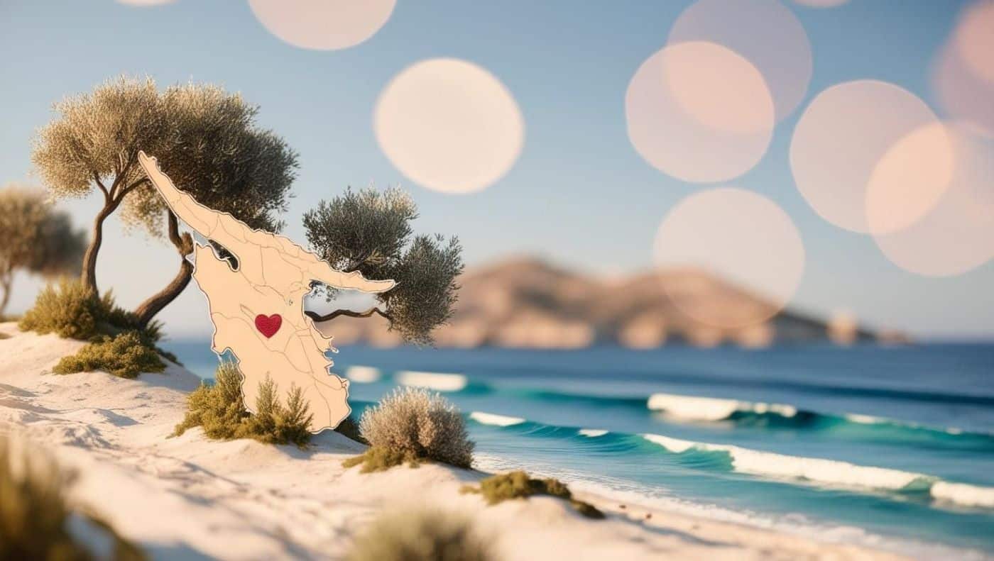 illustration artistique de l’île de Chypre avec des éléments symboliques comme un cœur intégré dans la carte de l’île, des oliviers, et des vagues méditerranéennes