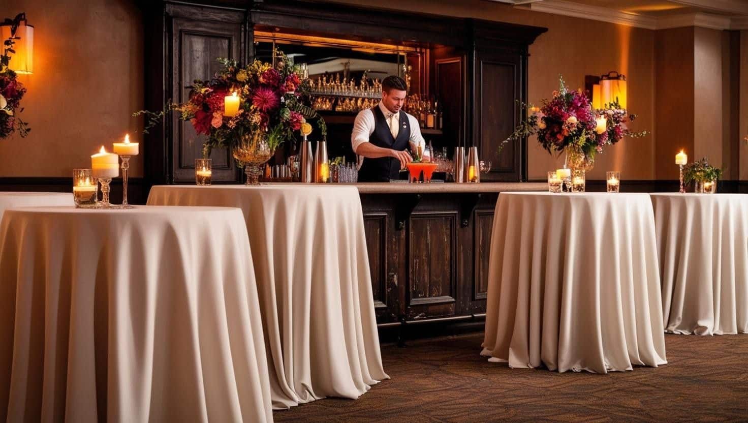 espace cocktail avec des mange-debout élégants, surmontés de nappes fluides, agrémentés de bougies et compositions florales. Un bar en bois rustique avec un barman en action