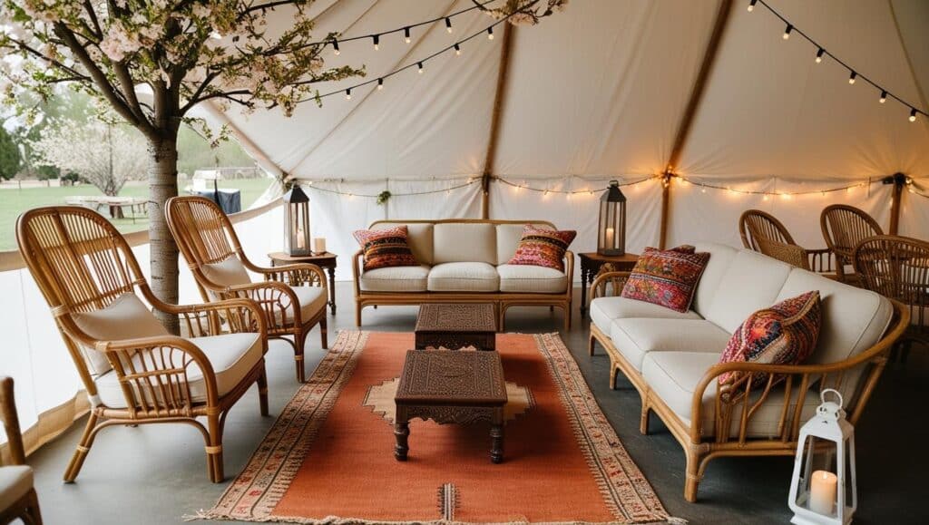 espace lounge extérieur aménagé avec des fauteuils en rotin, un canapé en lin beige, des coussins colorés, des petites tables basses en bois, et un tapis vintage
