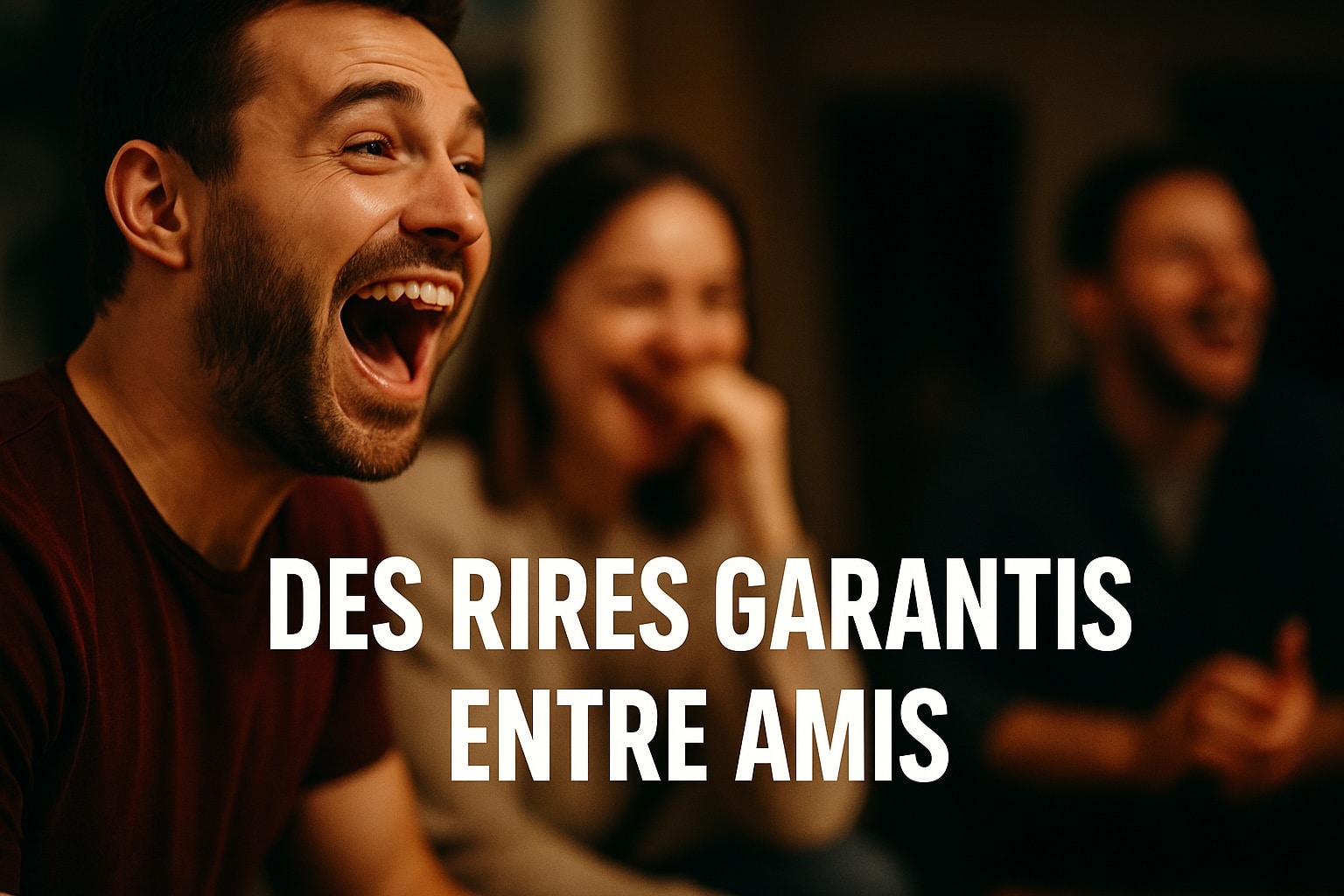 Photo en légère contre-plongée d’un homme riant aux éclats avec le texte Des rires garantis entre amis