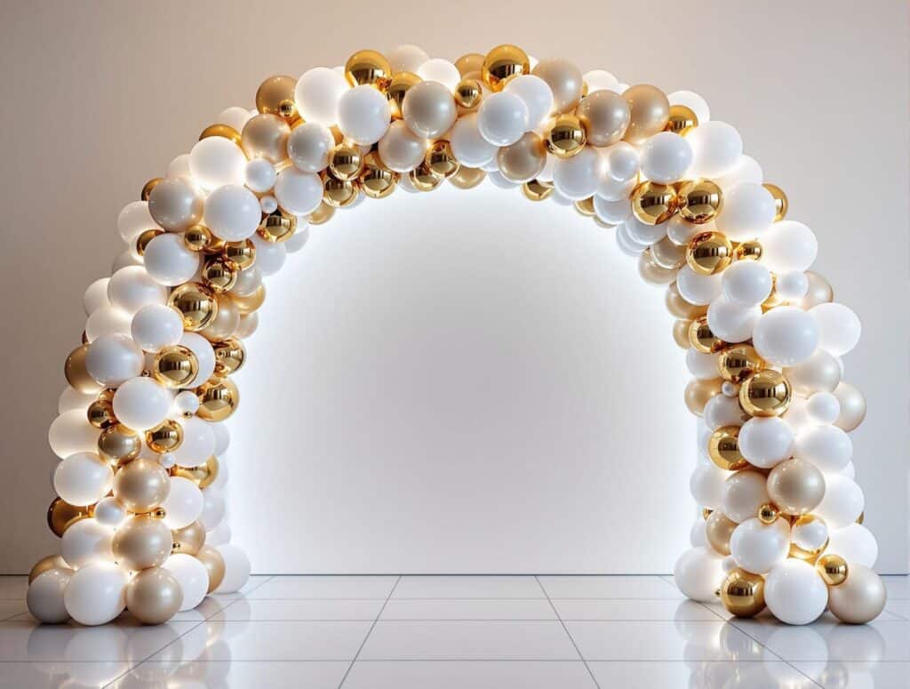 arche composée de ballons blancs et métallisés, avec des lignes épurées et des lumières LED intégrées. Parfaite pour un mariage contemporain et chic