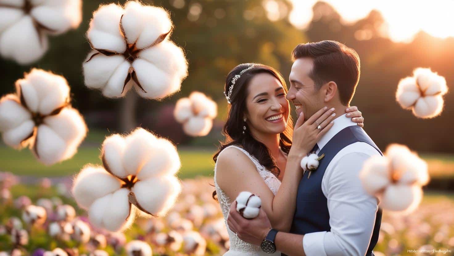 couple souriant, en train de s’enlacer tendrement, dans un cadre romantique (ex. : coucher de soleil, parc fleuri, ambiance cocooning). Des éléments symboliques du coton intégrés subtilement : Un fond flou avec une texture de coton