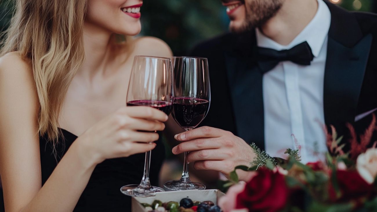 couple fetant leur anniversaire de mariage est assis à une table élégante, avec un coffret de dégustation de vin ouvert devant eux. Ils trinquent avec des verres en cristal, entourés de fleurs