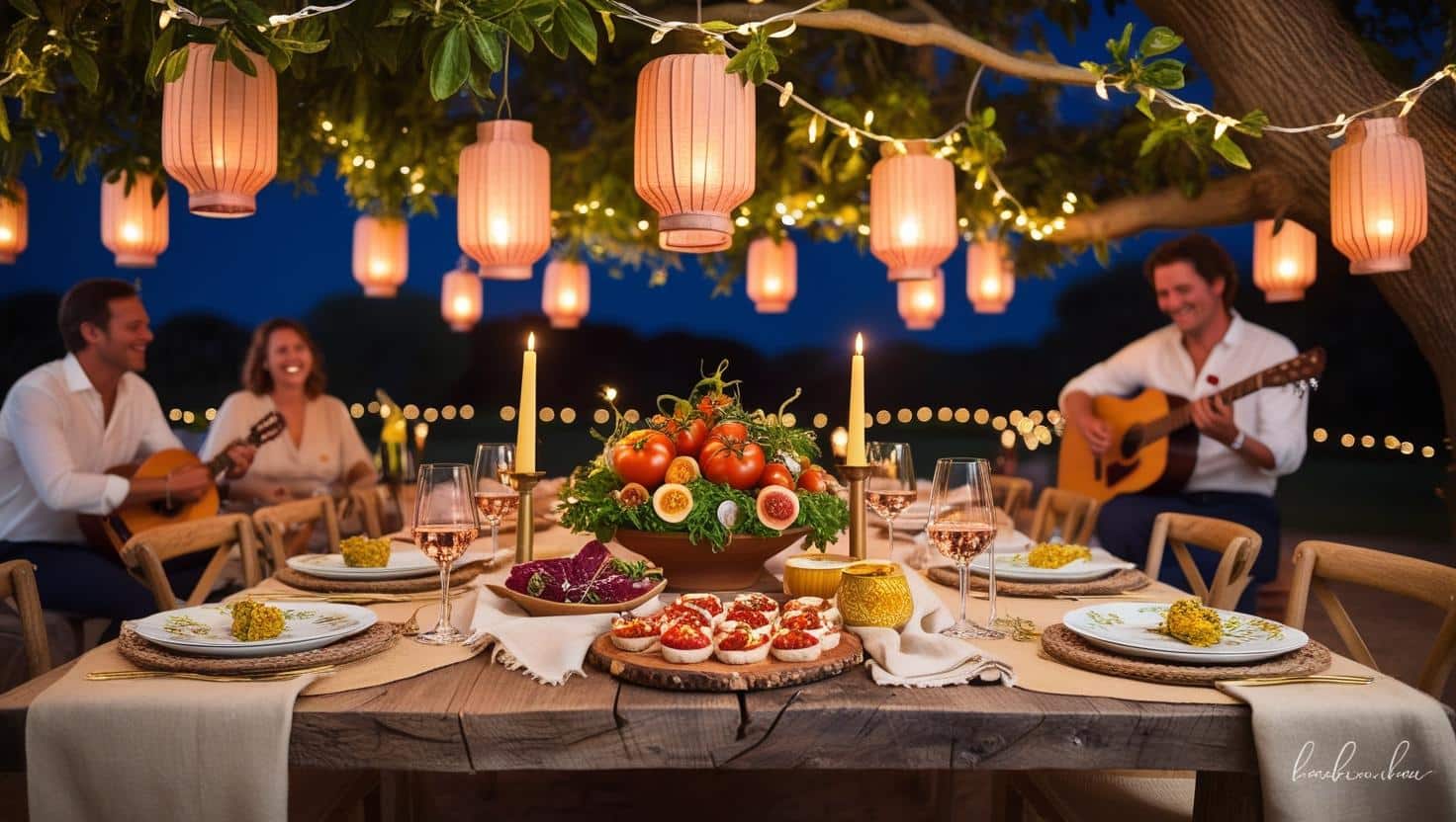 diner romantique table mariage provencal sous un arbre homme joue de la guitare lanterne guirlande lumineuse tablée