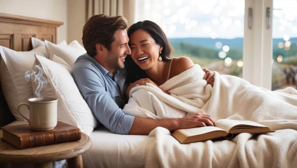 escapade romantique en couple dans un hotel de campagne homme et femme sous une couette plaid lit cocooning