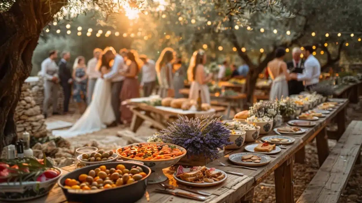 table rustique repas de mariage theme provencal authentique menu nourriture plateau invités piste danse