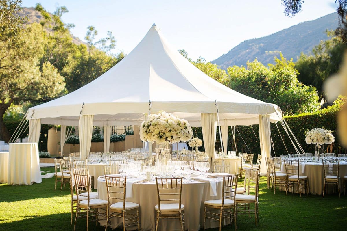 barnum blanc en toile chapiteau pour mariage table chaise petit modèle jardin ensoleillé