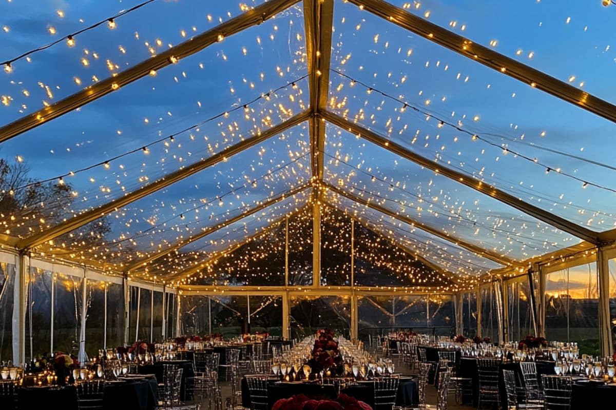 barnum transprent ciel apparent nuit tombé du soleil guirlande lumineuse led salle mariage de luxe