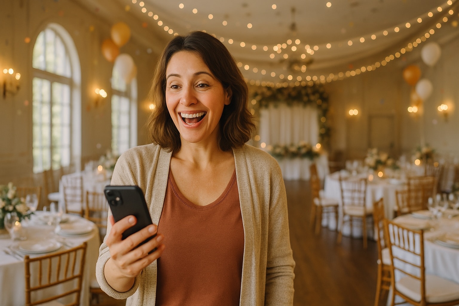 Femme souriante découvrant une salle des fêtes élégante à petit prix avec son smartphone