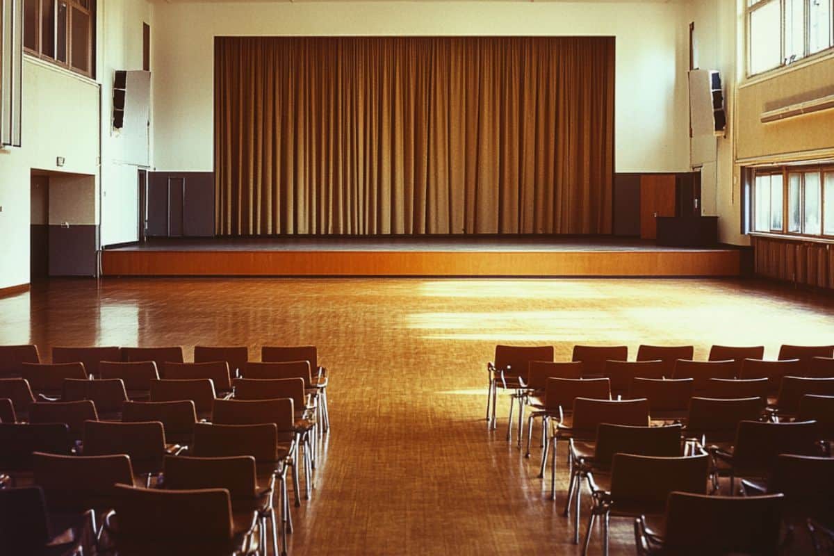ancienne salle polyvalente avec grande scène et rideaux marron parquet vintage et chaise de spectacle