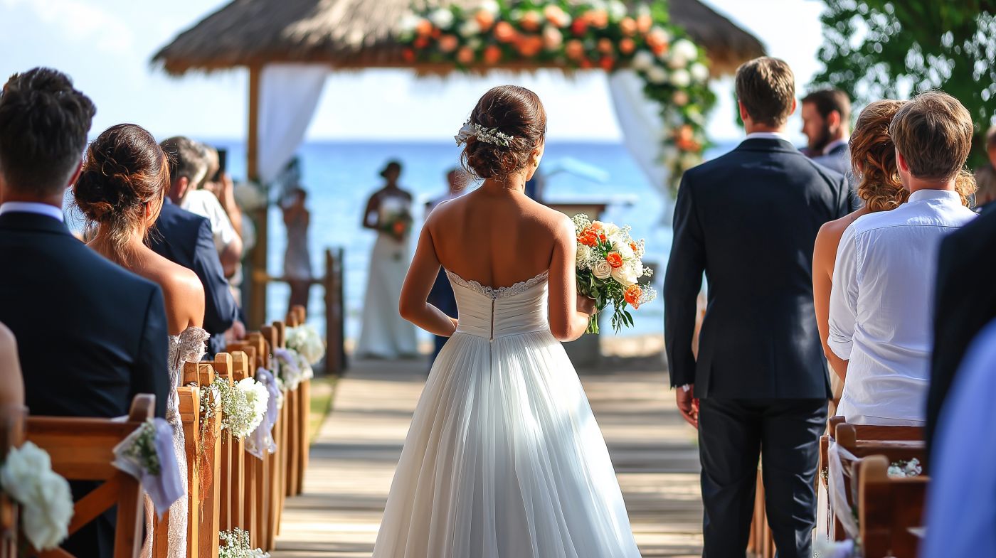 femme mariée robe blanche dos nu cérémonie jour J s'avance vers l'autel arche en bord de mer plage allée des invités assis sur chaise réception
