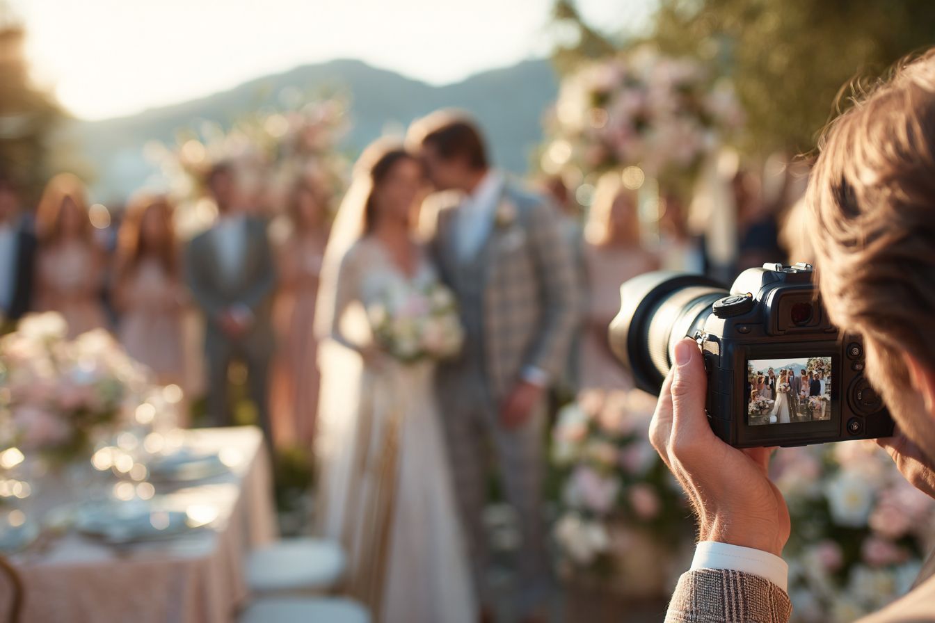 vue à travers le viseur d’un photographe montrant les mariés descendant l’allée centrale le jour du mariage. Photographe professionnel capturant un moment complice entre mariés lors d’un mariage en extérieur au coucher du soleil.