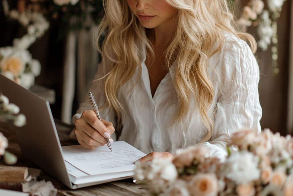 prise note carnet wedding planneuse femme blonde