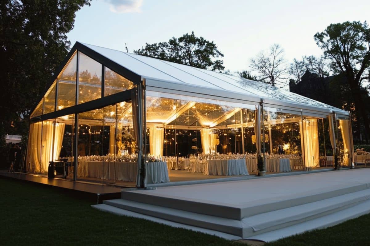 salle de mariage transportable jardin location barnum transparent espace fermé plein air fin de journée coucher de soleil