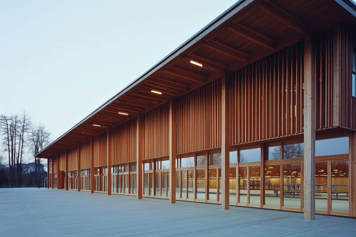 parvis extérieur salel des fêtes gymnase en bois construction moderne et bioclimatique