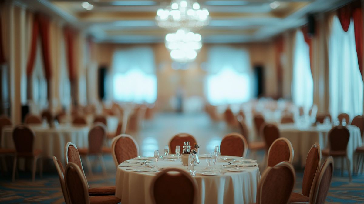 salle de mariage dans un grand restaurant chaise table décoration classique teinture rideaux murs