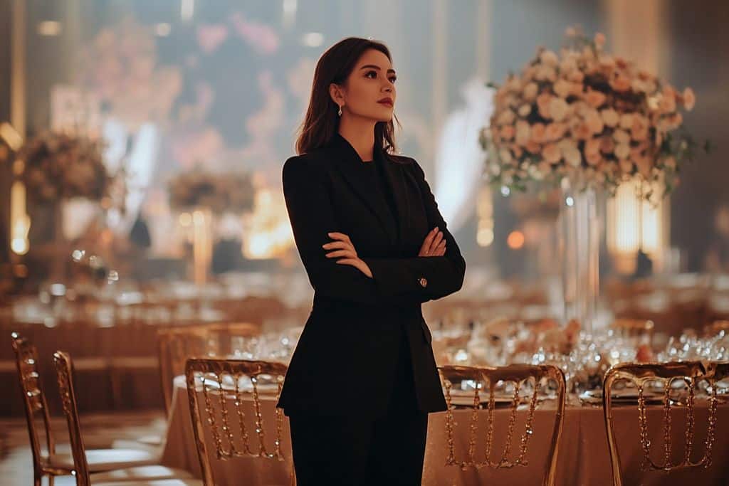 salle de mariage décoration chic ton or wedding planneuse debout bras croisés tailleur noir