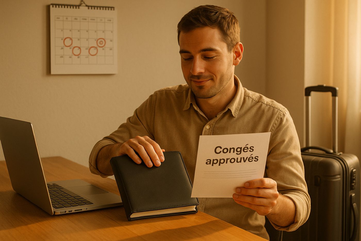 Employé ferme son agenda avec demande de congés approuvés pour mariage, valise prête sur le côté