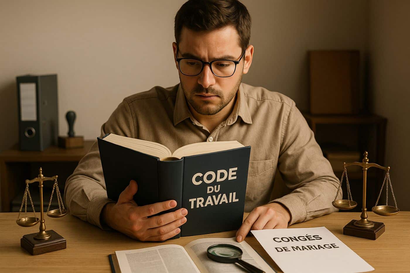 Employé consulte le Code du travail pour vérifier ses droits aux congés de mariage