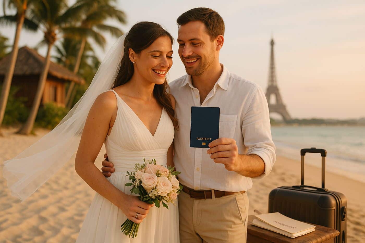Couple de jeunes mariés sur une plage exotique tenant un passeport pour symboliser un mariage à l’étranger