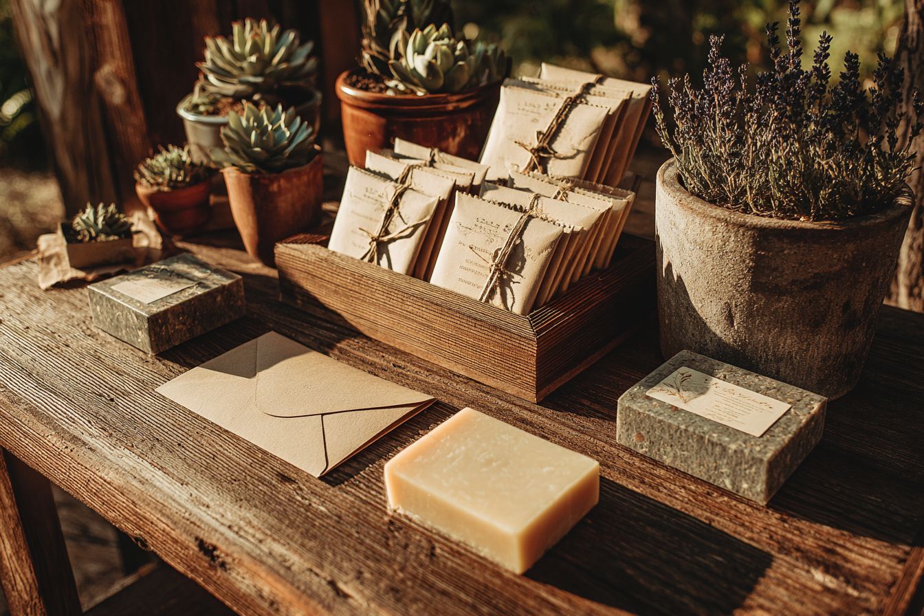 idée cadeau mariage pour les invités – plantes succulentes, sachets de graines et savons artisanaux dans un décor naturel