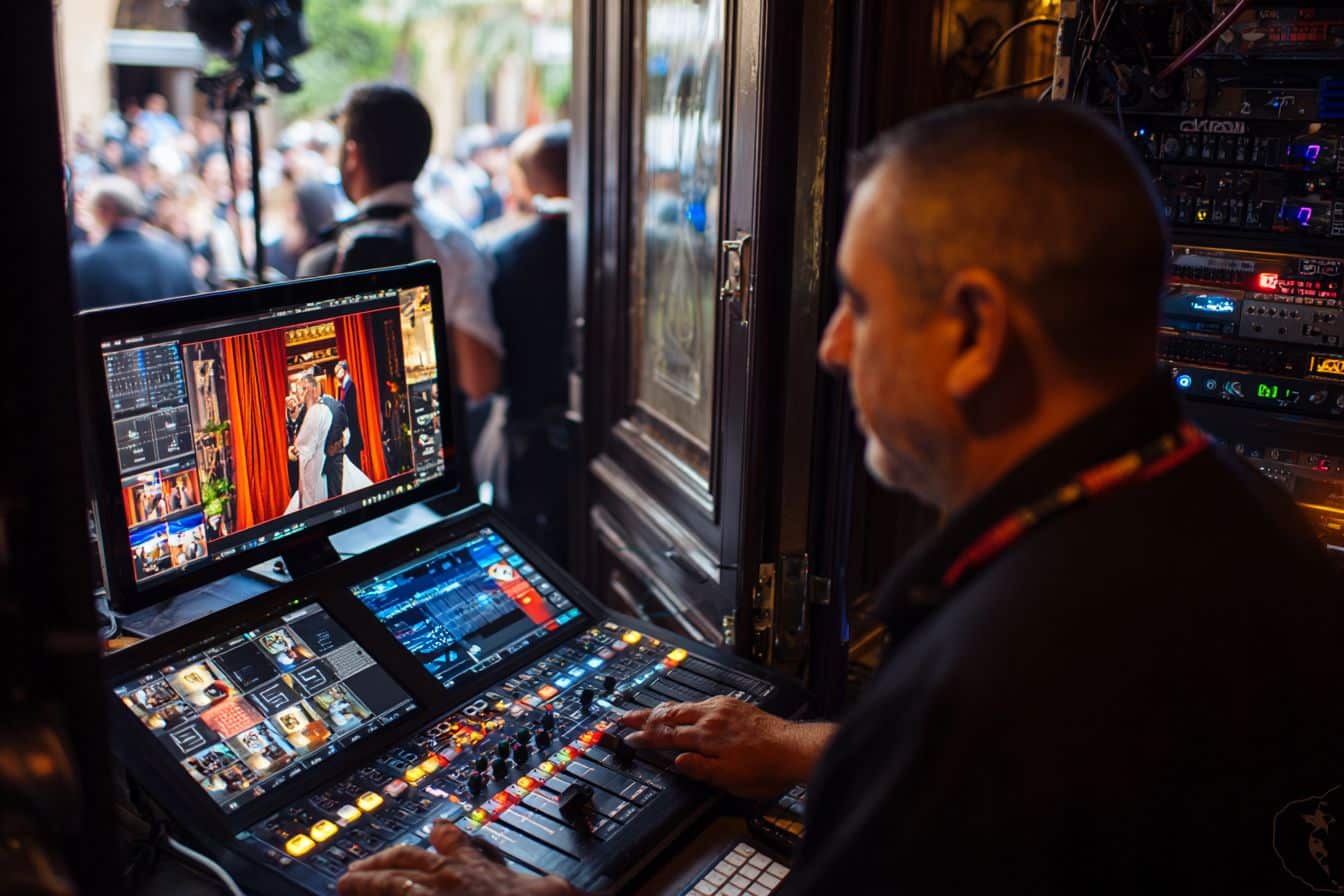 DJ sélectionnant la musique pour l'entrée des mariés avec platine et playlist affichée, invités en attente dans la salle