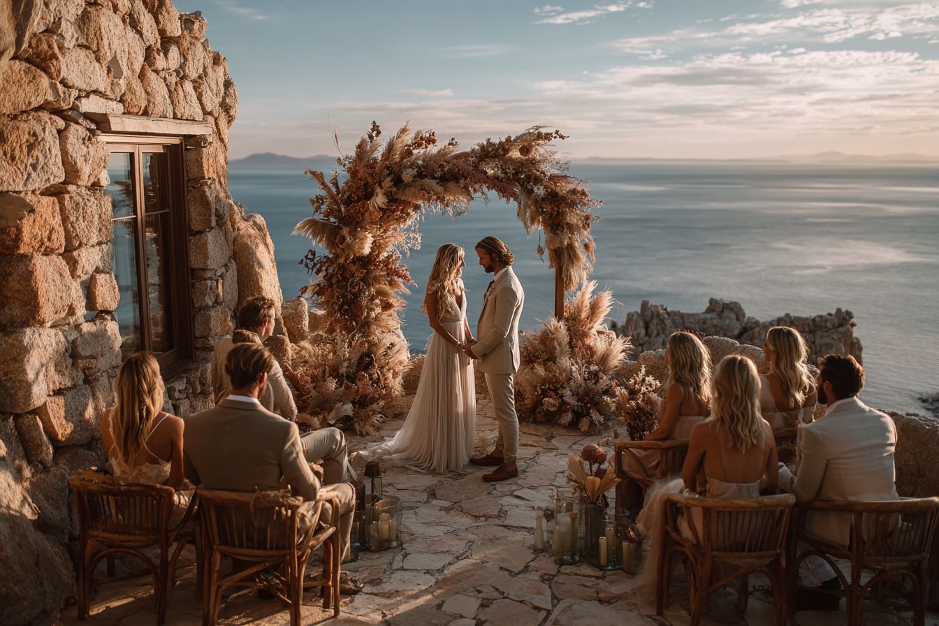 Éloppement en petit comité avec 12 invités dans un décor naturel au coucher du soleil, couple échangeant leurs vœux sous une arche florale minimaliste, ambiance intime et élégante