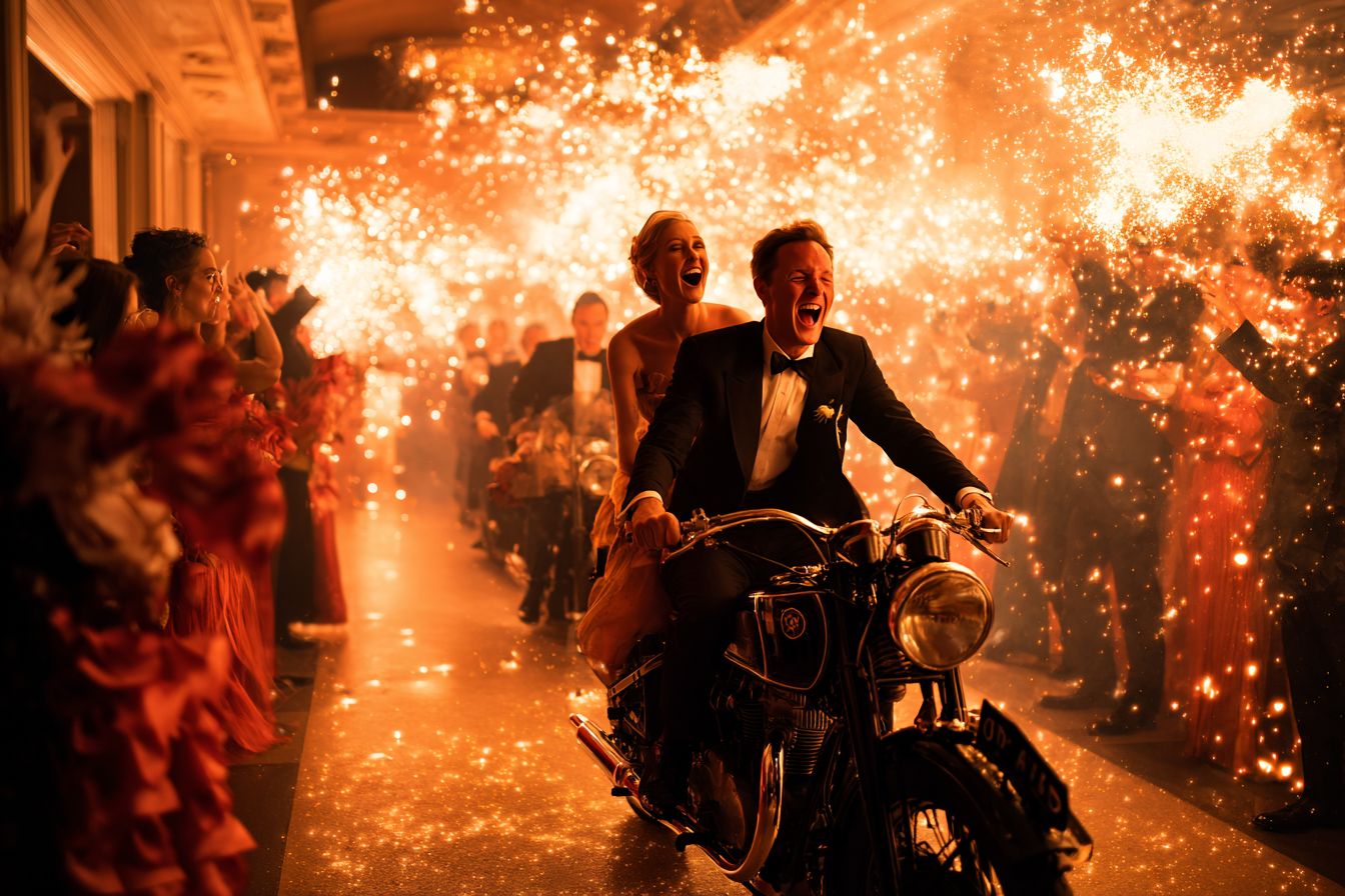 Entrée de mariage spectaculaire avec les mariés arrivant en moto sous des feux d'artifice intérieurs et une ambiance de fête.