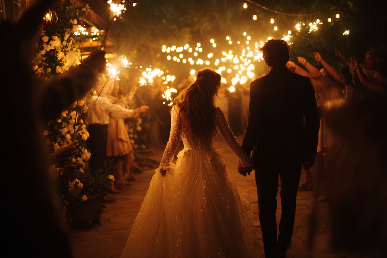 Entrée romantique des mariés dans la salle de réception, main dans la main, sous une allée de cierges magiques tenue par les invités