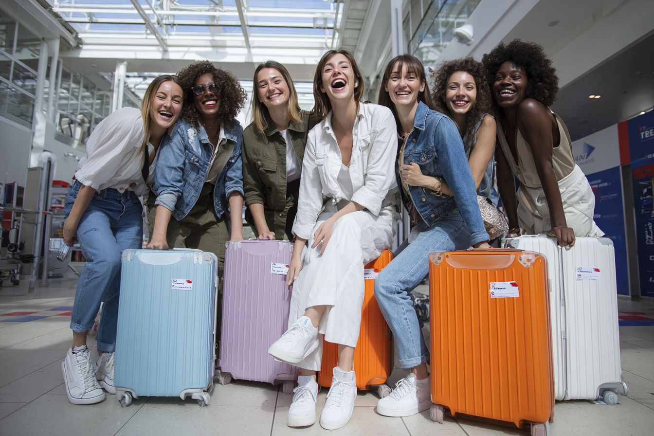 Groupe de femmes françaises d’environ 28 ans, diversité ethnique, riant ensemble avec valises à l’aéroport pour un EVJF pas cher.