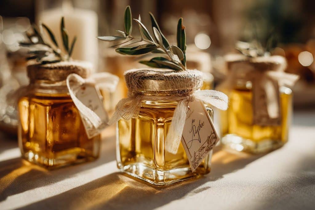 idée cadeau mariage pour les invités – pots de miel, confitures artisanales et mini-bouteilles d’huile d’olive décorés pour un mariage