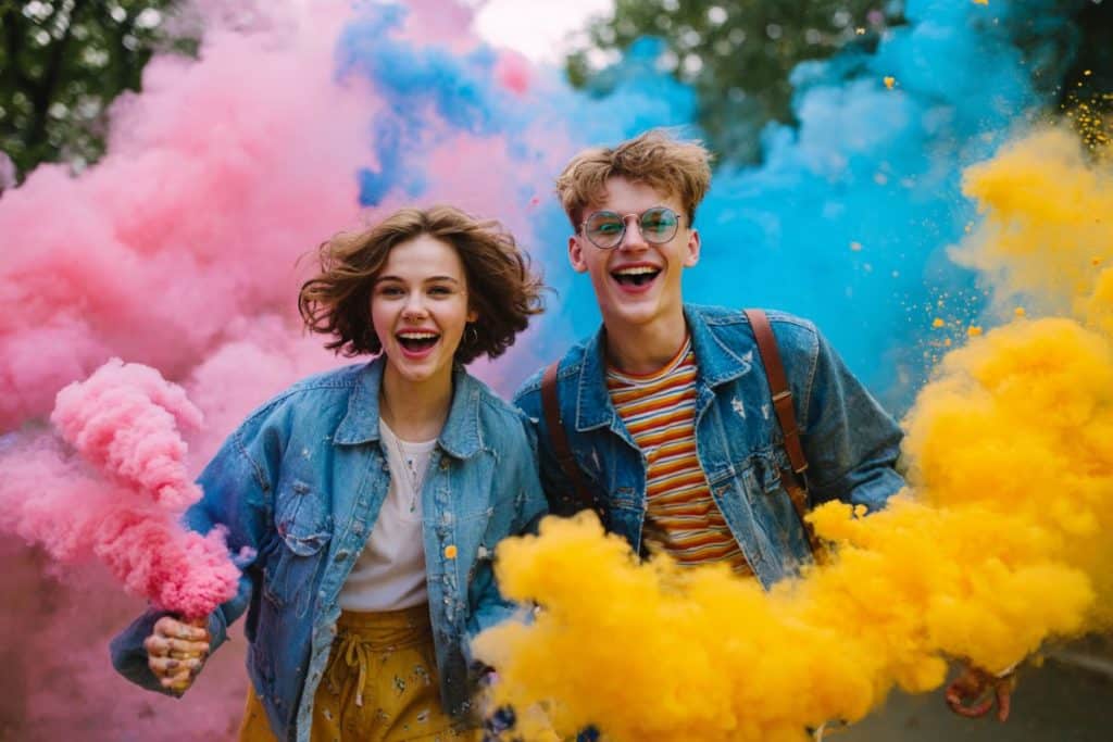 Idée originale de séance photo de couple avec fumigènes colorés dans un parc shooting
