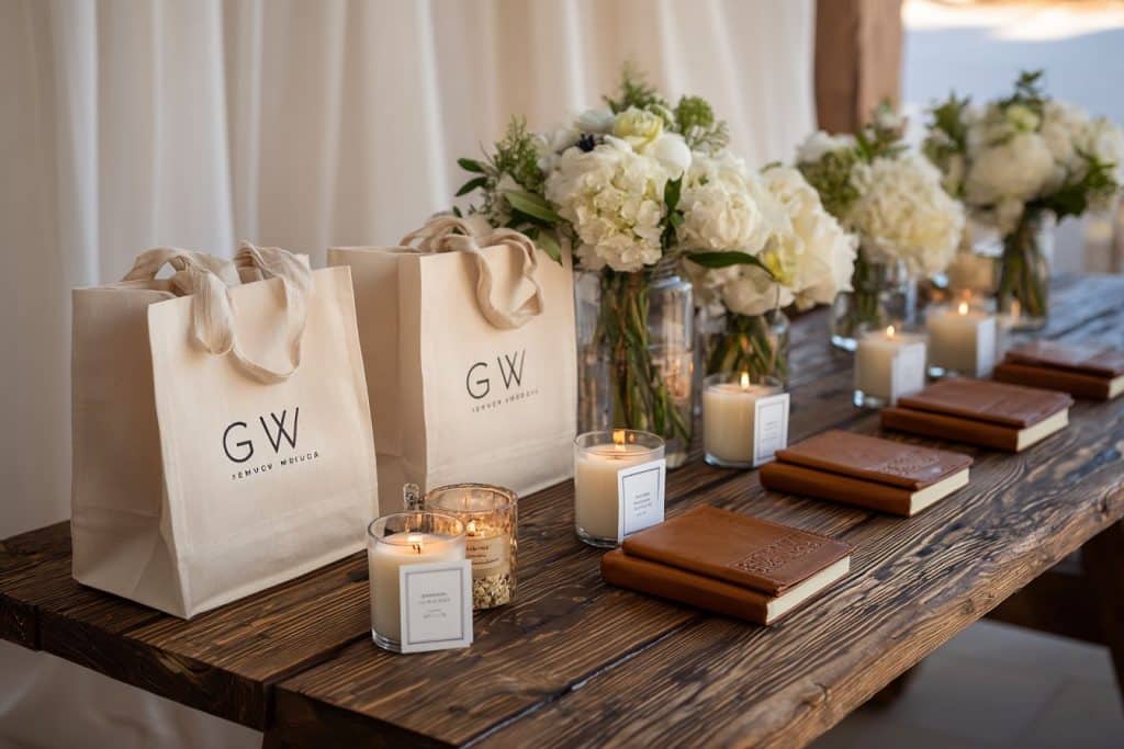 idée cadeau mariage pour les invités – tote bags personnalisés, bougies parfumées et carnets reliés en cuir