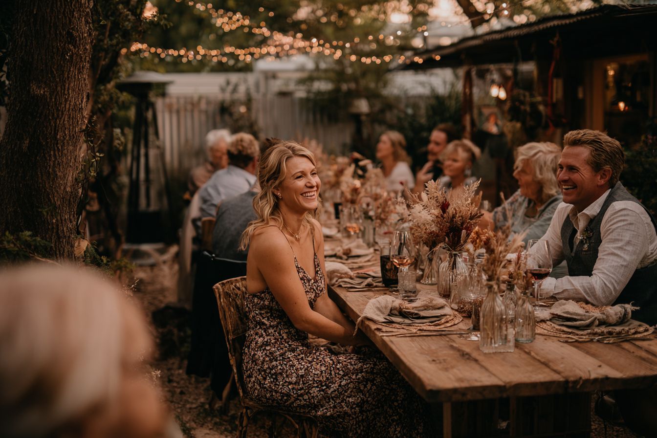 Réception de mariage intime en petit comité dans un jardin, table décorée avec des fleurs séchées et des objets faits main, ambiance chaleureuse et économique