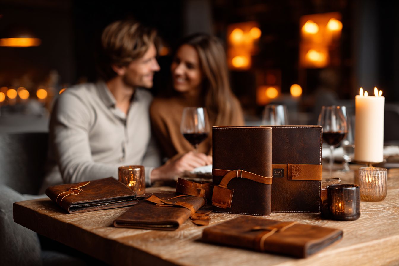 Couple célébrant 2 ans mariage noces de cuir avec cadeaux personnalisés en cuir et ambiance romantique