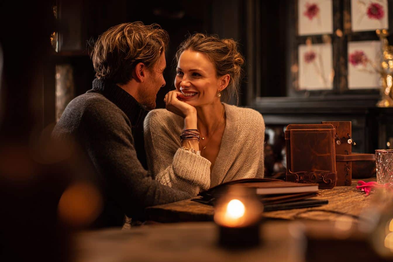 couple homme femme amoureux se regardant dans les yeux ambiance intime maison rapprochement chaleureux