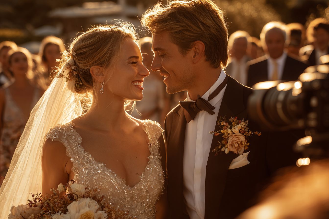 Photographe professionnel capturant un moment complice entre mariés lors d’un mariage en extérieur au coucher du soleil. long objectif canon tele zoom