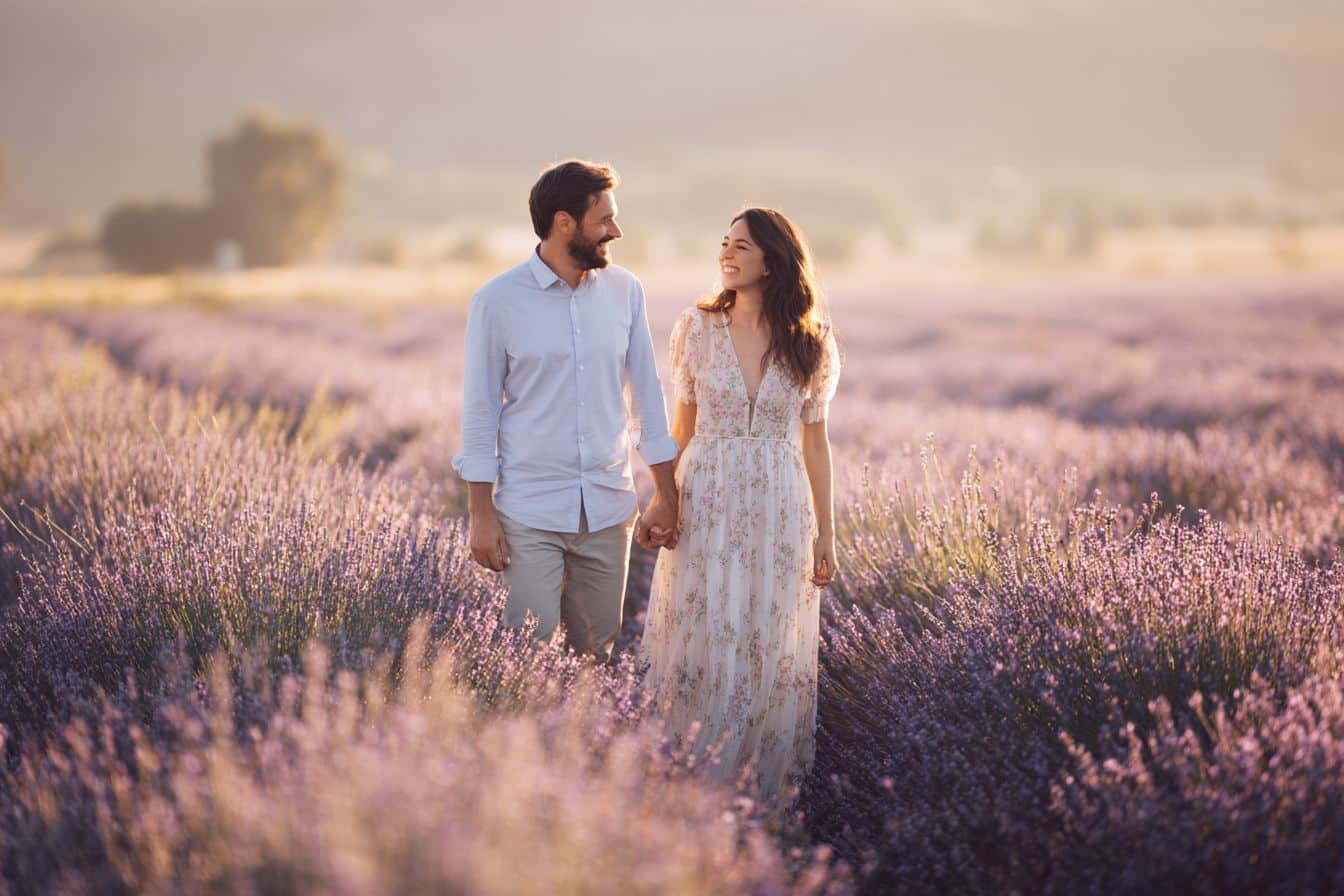 Séance photo de couple romantique au coucher du soleil dans un champ de lavande, style fine art.